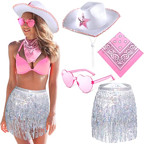 6 Stück Cowgirl Kostüm Outfits für Frauen, Weiß Rosa Cowboy Bachelorette Hut, Pailletten Stern Fransen Hüftrock Rosa Bandana und lustige Herzform Brille für Disco Bachelor Party Halloween Zubehör 6 Stück Cowgirl Kostüm Outfits für Frauen, Weiß Rosa Cowboy Bachelorette Hut, Pailletten Stern Fransen Hüftrock Rosa Bandana und lustige Herzform Brille für Disco Bachelor Party Halloween Zubehör von Jadive