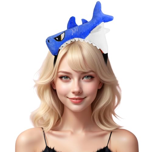 Jadive Plüsch Hai Stirnband Realistisches Tier Hai Stirnband Halloween Lustige Kopfbedeckung Foto Requisiten für Halloween Weihnachten Make-up Cosplay Mottoparty Kopfschmuck von Jadive