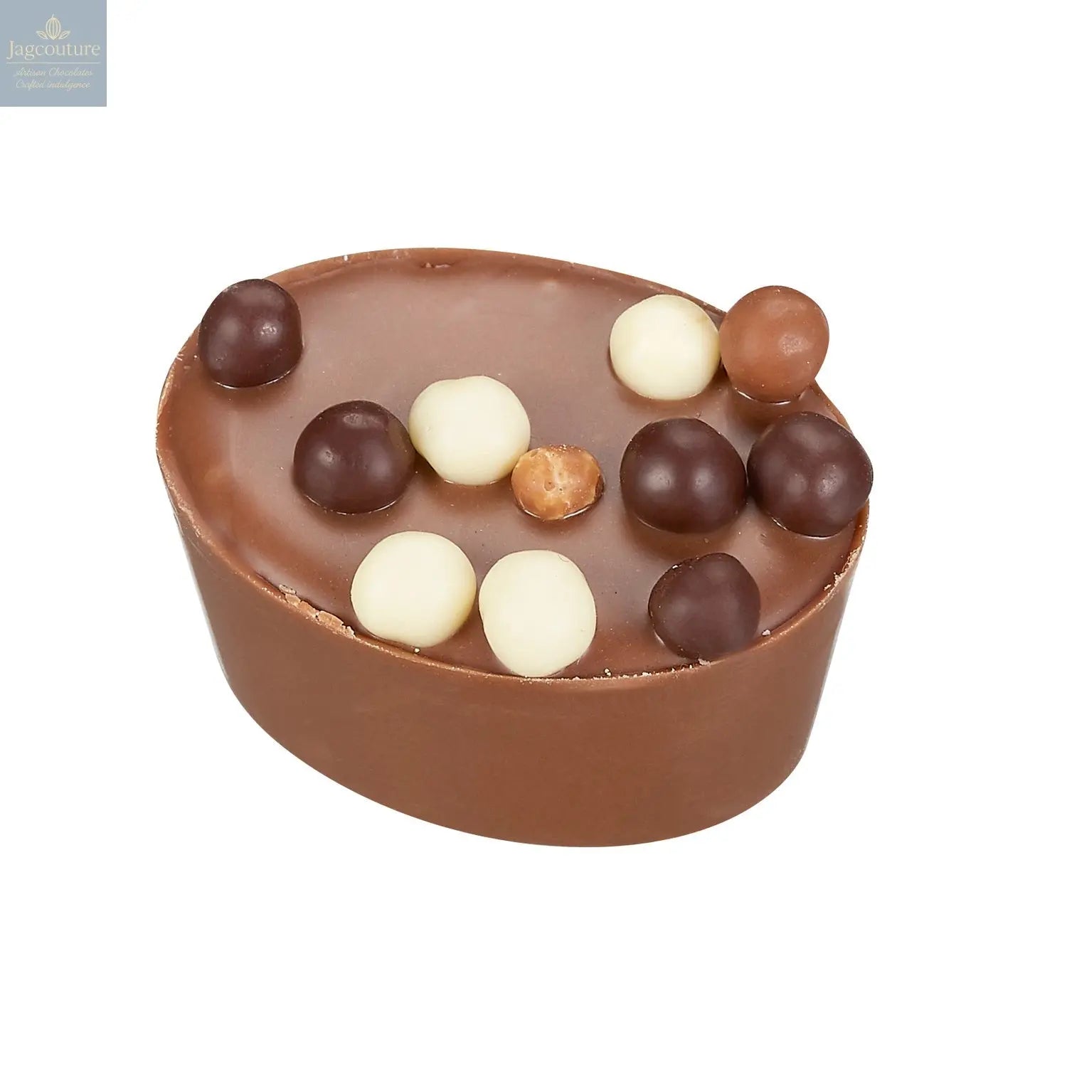 Pearl – Milchschokoladen-Haselnuss-Praline mit Schokoladen-Crisp-Perlen, 16 g Pearl – Milchschokoladen-Haselnuss-Praline mit Schokoladen-Crisp-Perlen, 16 g von Jag Couture Chocolates