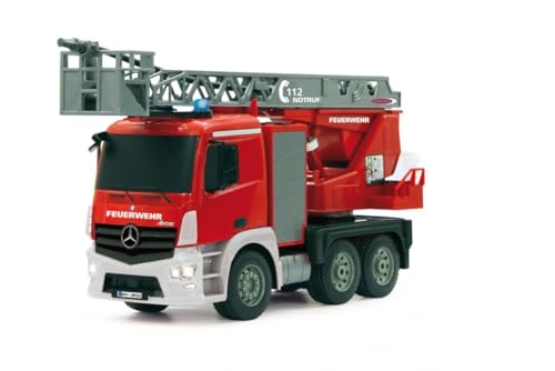 JAMARA 404960 - Feuerwehr Drehleiter 1:20 Mercedes Antos 2,4G - deutsche Sirene mit blauen LED Signallichtern, 420 ml Wasserbehälter, reale Spritzfunktion, programmierbare Funktionen, 4 Radantrieb von JAMARA