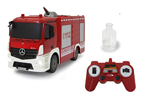 Jamara 404970 Feuerwehr TLF Mercedes-Benz Antos 1:26 2,4GHz-360° manuell drehbare auf/ab bewegbare Spritzdüse, Reale Spritzfunktion, Licht vorne, Wassertank 160ml, rot von JAMARA