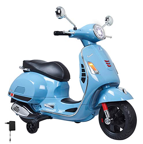 JAMARA 460347 - Ride-on Vespa 12V - leistungsstarker Antriebsmotor und Akku für lange Fahrzeit, SD-Karten Slot, AUX- und USB-Anschluss, Ultra-Grip Gummiring am Rad, Stützräder, LED-Scheinwerfer, blau von JAMARA