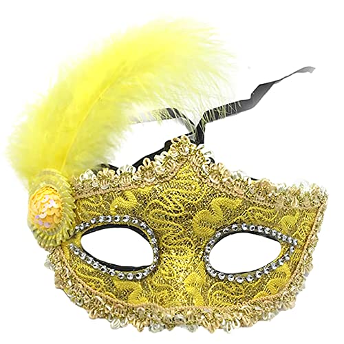 Jamron Damen Schick Kostüm Maske mit Strass/Feder für Masquerade Party Abschlussball Halloween Karneval Gelb SN070309 von Jamron