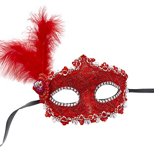 Jamron Damen Schick Kostüm Maske mit Strass/Feder für Masquerade Party Abschlussball Halloween Karneval Rot SN070309 von Jamron