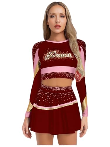 Jan Jean Cheer Leader Kostüm Damen Langarmshirt Bauchfrei Oberteil Glitzer Minirock Tanzrock Halloween Fasching Kostüm Burgundy XXL Jan Jean Cheer Leader Kostüm Damen Langarmshirt Bauchfrei Oberteil Glitzer Minirock Tanzrock Halloween Fasching Kostüm Burgundy XXL von Jan Jean