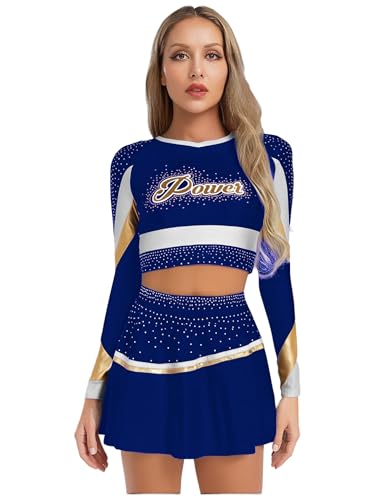 Jan Jean Cheer Leader Kostüm Damen Langarmshirt Bauchfrei Oberteil Glitzer Minirock Tanzrock Halloween Fasching Kostüm Königsblau S von Jan Jean