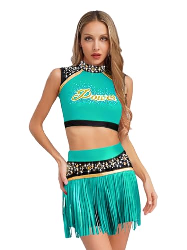 Jan Jean Cheer Leader Kostüm Damen Zweiteiliger Cosplay Outfit Ärmellos Crop Top Hohe Taillenumfang Shorts mit Fransen Tanzkostüme Grün S von Jan Jean