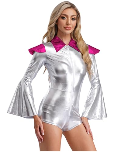 Jan Jean Damen Alien Kostüm Metallic Bodysuit Flare Ärmel Jumpsuit Kappe Schulter Overall mit Reißverschluss Karneval Fasching Kostüm Hot Pink S Jan Jean Damen Alien Kostüm Metallic Bodysuit Flare Ärmel Jumpsuit Kappe Schulter Overall mit Reißverschluss Karneval Fasching Kostüm Hot Pink S von Jan Jean