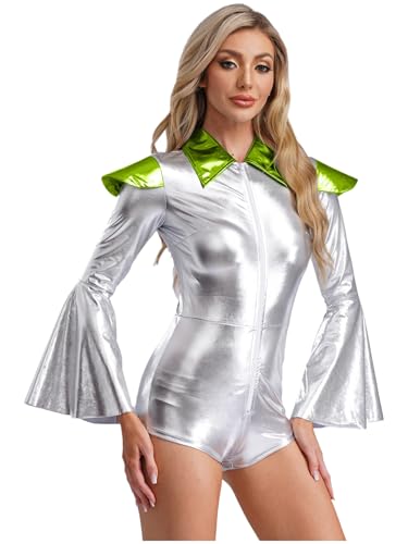 Jan Jean Damen Alien Kostüm Metallic Bodysuit Flare Ärmel Jumpsuit Kappe Schulter Overall mit Reißverschluss Karneval Fasching Kostüm Leuchtendes Grün 4XL Jan Jean Damen Alien Kostüm Metallic Bodysuit Flare Ärmel Jumpsuit Kappe Schulter Overall mit Reißverschluss Karneval Fasching Kostüm Leuchtendes Grün 4XL von Jan Jean