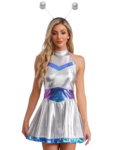 Jan Jean Damen Alien Kostüm Metallic Kleid Ärmellos Minikleid Rave Kleid mit Silber Haarreif Karneval Fasching Kostüm Blau XXL Jan Jean Damen Alien Kostüm Metallic Kleid Ärmellos Minikleid Rave Kleid mit Silber Haarreif Karneval Fasching Kostüm Blau XXL von Jan Jean