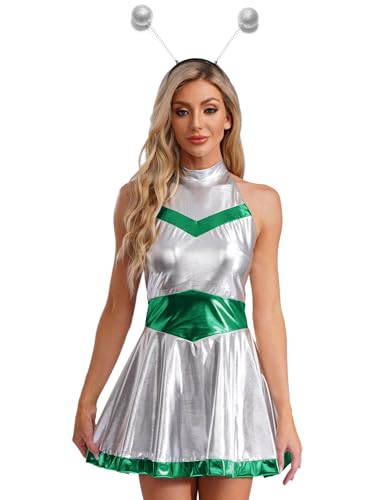 Jan Jean Damen Alien Kostüm Metallic Kleid Ärmellos Minikleid Rave Kleid mit Silber Haarreif Karneval Fasching Kostüm Grün 4XL Jan Jean Damen Alien Kostüm Metallic Kleid Ärmellos Minikleid Rave Kleid mit Silber Haarreif Karneval Fasching Kostüm Grün 4XL von Jan Jean