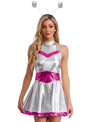Jan Jean Damen Alien Kostüm Metallic Kleid Ärmellos Minikleid Rave Kleid mit Silber Haarreif Karneval Fasching Kostüm Hot Pink XXL Jan Jean Damen Alien Kostüm Metallic Kleid Ärmellos Minikleid Rave Kleid mit Silber Haarreif Karneval Fasching Kostüm Hot Pink XXL von Jan Jean