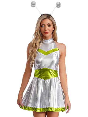Jan Jean Damen Alien Kostüm Metallic Kleid Ärmellos Minikleid Rave Kleid mit Silber Haarreif Karneval Fasching Kostüm Leuchtendes Grün XXL Jan Jean Damen Alien Kostüm Metallic Kleid Ärmellos Minikleid Rave Kleid mit Silber Haarreif Karneval Fasching Kostüm Leuchtendes Grün XXL von Jan Jean