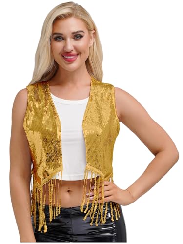 Jan Jean Damen Pailletten Westen Glänzend Jacke mit Fransen Leicht Vorne Offen 80er Discos Karneval Kostüm Bühnenauftritte Outfit Gold XXXXL Jan Jean Damen Pailletten Westen Glänzend Jacke mit Fransen Leicht Vorne Offen 80er Discos Karneval Kostüm Bühnenauftritte Outfit Gold XXXXL von Jan Jean