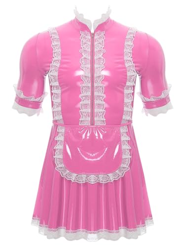Jan Jean Herren Dienstmädchen Kostüm Sissy Kleid Lack Leder Minikleid A-Linie Partykleid mit Spitze Männer Cosplay Kostüm Clubwear Rosa 4XL von Jan Jean