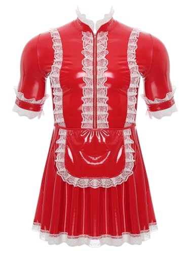Jan Jean Herren Dienstmädchen Kostüm Sissy Kleid Lack Leder Minikleid A-Linie Partykleid mit Spitze Männer Cosplay Kostüm Clubwear Rot 4XL von Jan Jean