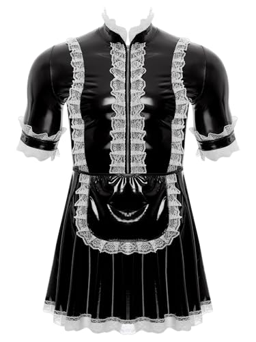 Jan Jean Herren Dienstmädchen Kostüm Sissy Kleid Lack Leder Minikleid A-Linie Partykleid mit Spitze Männer Cosplay Kostüm Clubwear Schwarz XXL von Jan Jean