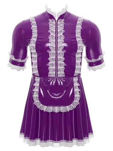 Jan Jean Herren Dienstmädchen Kostüm Sissy Kleid Lack Leder Minikleid A-Linie Partykleid mit Spitze Männer Cosplay Kostüm Clubwear Violett XXL von Jan Jean