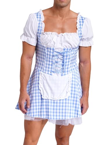Jan Jean Herren Dienstmädchen Kostüm Sissy Puffärmel Kleid Einlagigen Karierten Minikleid mit Schürze Junggesellenabschied Kostüm Blau 3XL von Jan Jean