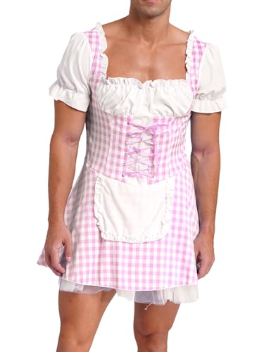 Jan Jean Herren Dienstmädchen Kostüm Sissy Puffärmel Kleid Einlagigen Karierten Minikleid mit Schürze Junggesellenabschied Kostüm Rosa XXL von Jan Jean