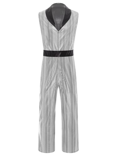 Jan Jean Retro1920s Disco Outfit Herren Metallisch Jumpsuit Glitzer Lapel Plaid Bodysuit Männer Rave Partys Karnevalskostüm Silber 3XL von Jan Jean