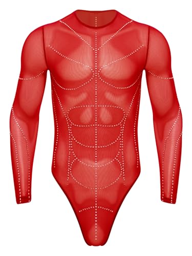 Jan Jean Transpartent Netz Bodysuit Herren Langarm T-Rücken mit Strass Mesh Muskellinien Jumpsuit Einteiliger Leotard Fitness Outfit Rot XL Jan Jean Transpartent Netz Bodysuit Herren Langarm T-Rücken mit Strass Mesh Muskellinien Jumpsuit Einteiliger Leotard Fitness Outfit Rot XL von Jan Jean