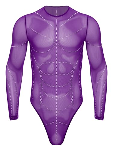 Jan Jean Transpartent Netz Bodysuit Herren Langarm T-Rücken mit Strass Mesh Muskellinien Jumpsuit Einteiliger Leotard Fitness Outfit Violett M Jan Jean Transpartent Netz Bodysuit Herren Langarm T-Rücken mit Strass Mesh Muskellinien Jumpsuit Einteiliger Leotard Fitness Outfit Violett M von Jan Jean