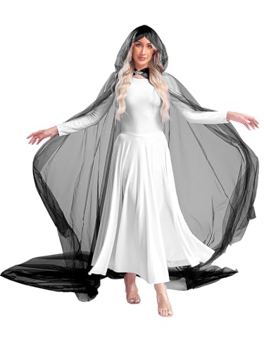 Jan Jean Umhang Damen mit Kapuze Transparent Tüll Lange Robe Mesh Cape für Halloween Kostüm Cosplay Party Schwarz M von Jan Jean