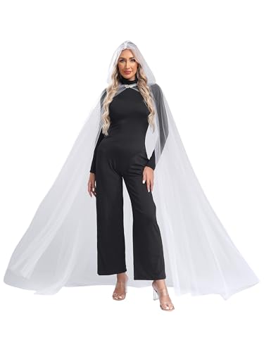 Jan Jean Umhang Damen mit Kapuze Transparent Tüll Lange Robe Mesh Cape für Halloween Kostüm Cosplay Party Weiß M von Jan Jean