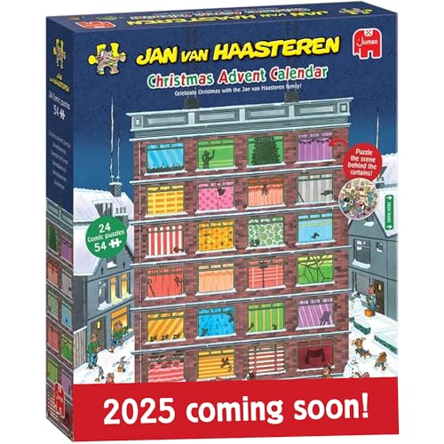 Jan van Haasteren Weihnachtspuzzle Adventskalender 2025 - Tägliches Puzzleset 24 Tage, 54-teilige Puzzles für Erwachsene - Recycled Cardboard Jigsaw - Countdown mit den lustigen und festlichen Szenen von Jan van Haasteren