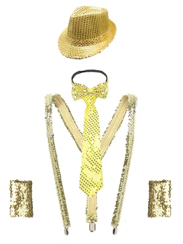 JanJean 4Pcs Karneval Kostüm Damen Herren Pailletten Hut + Glitzer Krawatte + Hosenträger + Armbänder Silber Metallic Disco Kostüm Silvester Outfit Gold One Size von JanJean