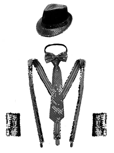 JanJean 4Pcs Karneval Kostüm Damen Herren Pailletten Hut + Glitzer Krawatte + Hosenträger + Armbänder Silber Metallic Disco Kostüm Silvester Outfit Schwarz One Size von JanJean