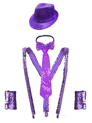 JanJean 4Pcs Karneval Kostüm Damen Herren Pailletten Hut + Glitzer Krawatte + Hosenträger + Armbänder Silber Metallic Disco Kostüm Silvester Outfit Violett One Size von JanJean