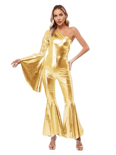 JanJean Damen Disco Kostüm 70er Jahre Jumpsuit Metallic Overall One Shoulder Crop Top Rückenfrei Top mit Schlaghose Hippie Rave Outfit Clubwear Gold Einheitsgröße von JanJean