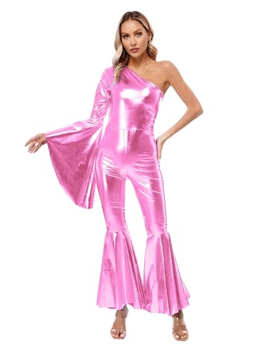 JanJean Damen Disco Kostüm 70er Jahre Jumpsuit Metallic Overall One Shoulder Crop Top Rückenfrei Top mit Schlaghose Hippie Rave Outfit Clubwear Rosa Einheitsgröße von JanJean