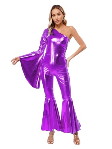 JanJean Damen Disco Kostüm 70er Jahre Jumpsuit Metallic Overall One Shoulder Crop Top Rückenfrei Top mit Schlaghose Hippie Rave Outfit Clubwear Violett Einheitsgröße von JanJean