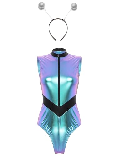 JanJean Damen Metallic Body Kurzarm/Langarm Bodysuit Ballettanzug Glänzend Sportbody Tanzbody mit Haarreif Jumpsuit Silber Alien Kostüm Karneval Kostüm A Bunt L JanJean Damen Metallic Body Kurzarm/Langarm Bodysuit Ballettanzug Glänzend Sportbody Tanzbody mit Haarreif Jumpsuit Silber Alien Kostüm Karneval Kostüm A Bunt L von JanJean