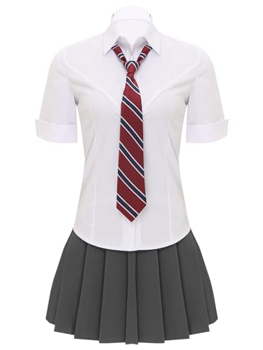 JanJean Damen Schulmädchen Kostüm Kurzarm Hemd + Minirock + Krawatte Schoolgirl Outfits Rollenspiel Cosplay Party Kostüme Grau L von JanJean