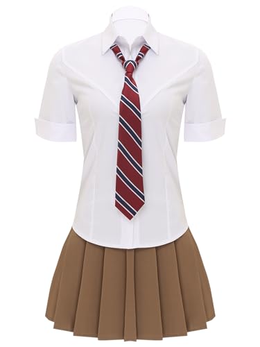 JanJean Damen Schulmädchen Kostüm Kurzarm Hemd + Minirock + Krawatte Schoolgirl Outfits Rollenspiel Cosplay Party Kostüme Khaki XL von JanJean