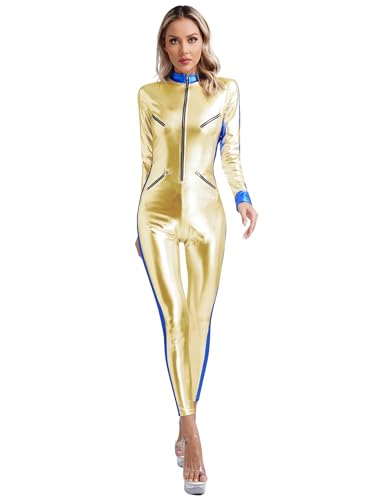 JanJean Damen Silber Metallic Body Ganzkörperanzug Langarmbody Jumpsuit Slim Fit Overall Catsuit Astronauten Kostüm Space Kostüm Rave Outfit Gold A XL von JanJean