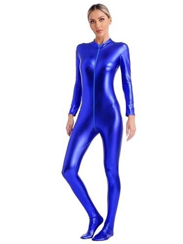 JanJean Damen Silber Metallic Body Ganzkörperanzug Langarmbody Jumpsuit Slim Fit Overall Catsuit Astronauten Kostüm Space Kostüm Rave Outfit T Blau M von JanJean