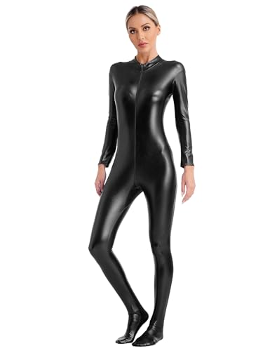 JanJean Damen Silber Metallic Body Ganzkörperanzug Langarmbody Jumpsuit Slim Fit Overall Catsuit Astronauten Kostüm Space Kostüm Rave Outfit T Schwarz M von JanJean