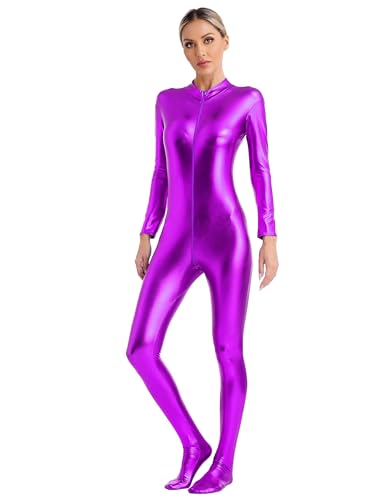 JanJean Damen Silber Metallic Body Ganzkörperanzug Langarmbody Jumpsuit Slim Fit Overall Catsuit Astronauten Kostüm Space Kostüm Rave Outfit T Violett L von JanJean