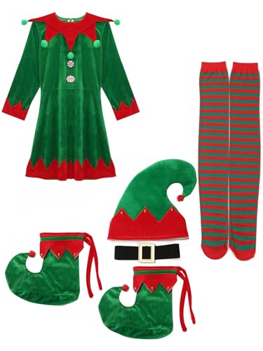 JanJean Damen Weihnachtself Kostüm Wichtel Elfenkostüm Kleid mit Weihnachtshut Elfenschuhe Kniestrümpfe Elfen Outfit Weihnachtsfeier Fasching Party Grün S von JanJean
