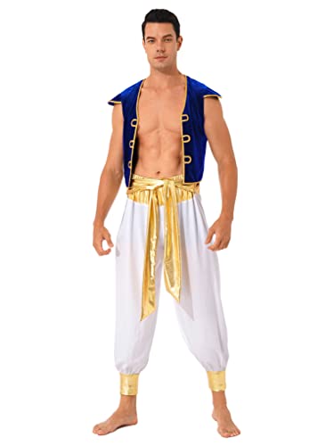 JanJean Herren Arabischer Prinz Kostüm Jacke Weste mit Pumphose Lange Hosen Rollenspiel Halloween Karneval Kostüm Ball Outfits Blau L von JanJean
