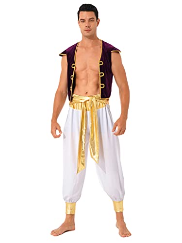 JanJean Herren Arabischer Prinz Kostüm Jacke Weste mit Pumphose Lange Hosen Rollenspiel Halloween Karneval Kostüm Ball Outfits Violett XL von JanJean