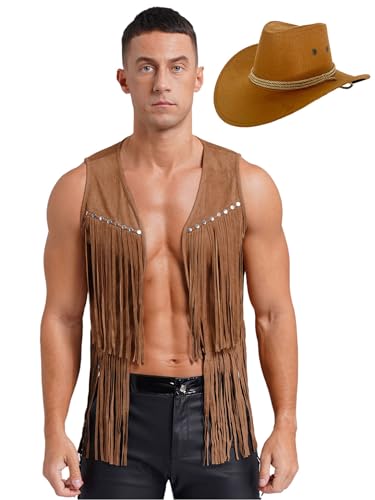 JanJean Herren Cowboy Kostüm Weste mit Cowboyhut Ärmellose Fransen Jacke Wildleder Weste Oberteil Top Halloween Karneval Fasching Kostüm Braun XL JanJean Herren Cowboy Kostüm Weste mit Cowboyhut Ärmellose Fransen Jacke Wildleder Weste Oberteil Top Halloween Karneval Fasching Kostüm Braun XL von JanJean