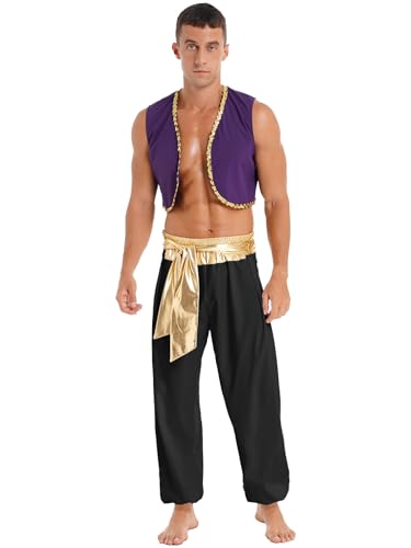 JanJean Herren Halloween Thema Party Kostüm Paillett Weste + Hose mit Gürtel Araber Verkleidung Aladin Rollenspiel Outfits Schwarz 3XL von JanJean