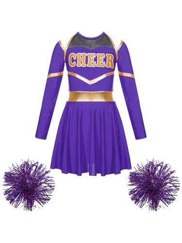 JanJean Kinder Cheer Leader Kostüm Mädchen Langarm Cheerleading Uniform Schulterfrei Kleid mit Pompoms/Harrband Schulmädchen Tanzkleid Halloween Cheerleading Outfits Violett 170-176 von JanJean