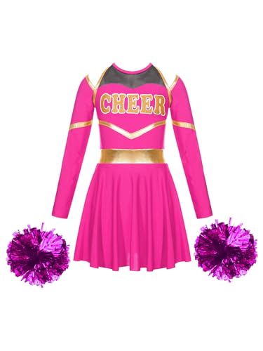 JanJean Kinder Cheer Leader Kostüm Mädchen Langarm Cheerleading Uniform Schulterfrei Kleid mit Pompoms/Harrband Schulmädchen Tanzkleid Halloween Cheerleading Outfits W Rosa 170-176 von JanJean